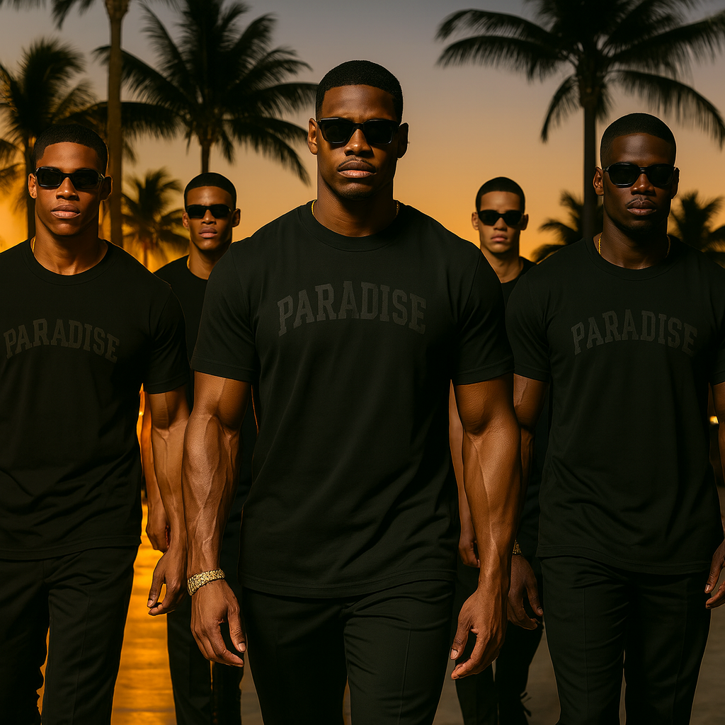 BLK ON BLK PARADISE VARSITY ARCH ESSENTIAL TEE